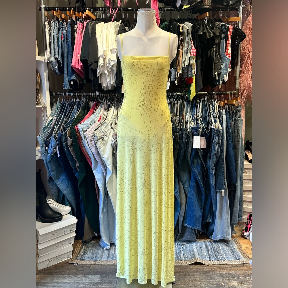 AFRM- Shea Rhinestone maxi bodysuit sheer mesh butter yellow dress new with tags